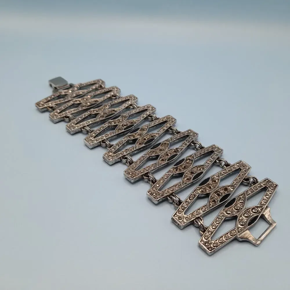 Vintage Art Deco Faux Marcasite Rhinestone Wide Bracelet, 7 1/4 Inches, 1980s